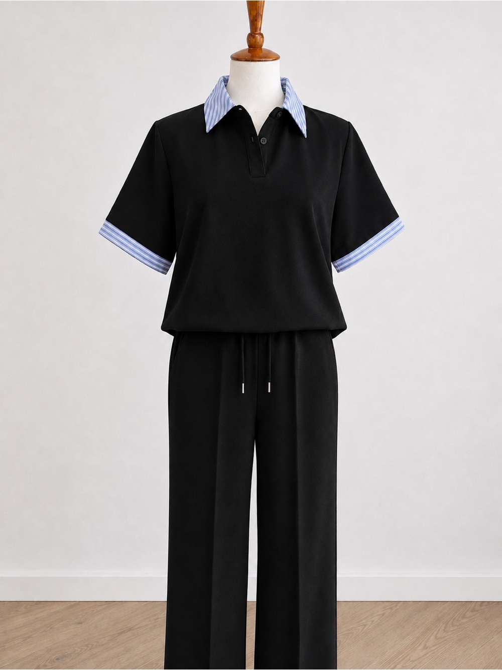 TEN/22 Black Two-Piece Polo & Wide Leg Pant Set – Size Small